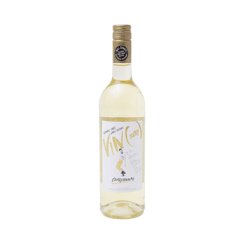A bottle of Hill Street Vin (Zero) Chardonnay non-alcoholic white wine on a white background