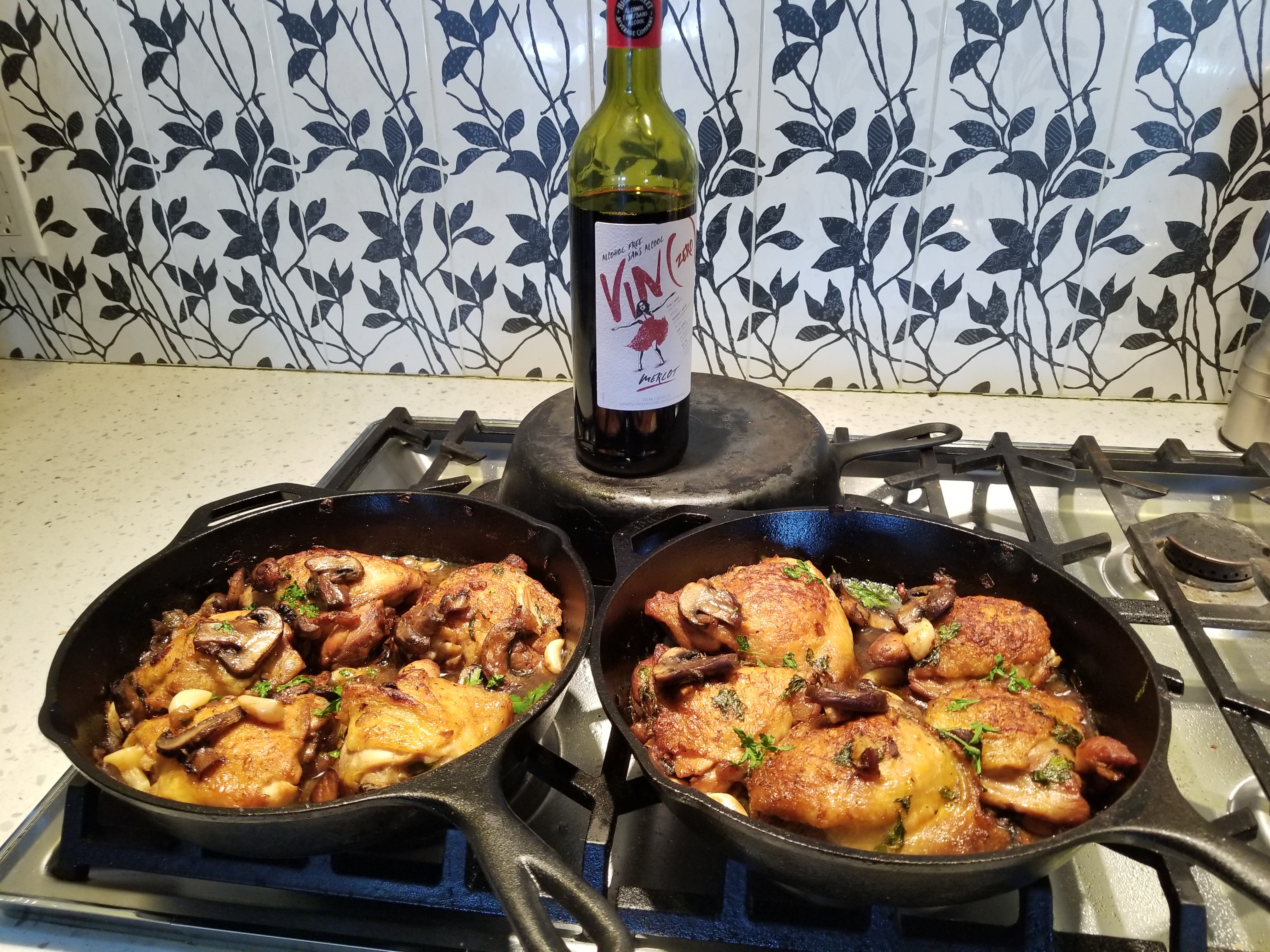 Cast Iron Chicken Thighs with Vin Merlot and Baby Bella Mushroom