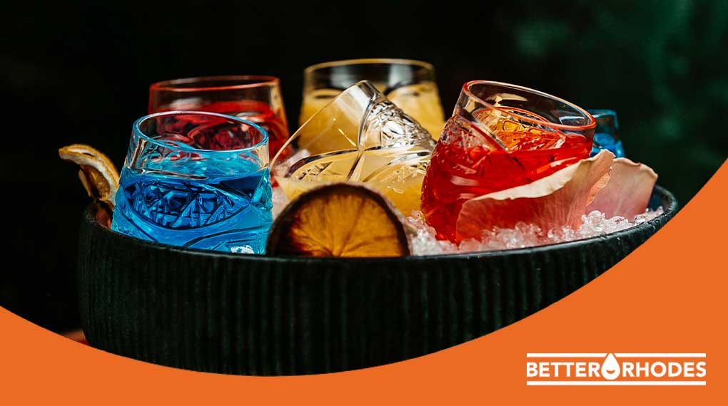 Colorful festive non-alcoholic Christmas drinks served over ice