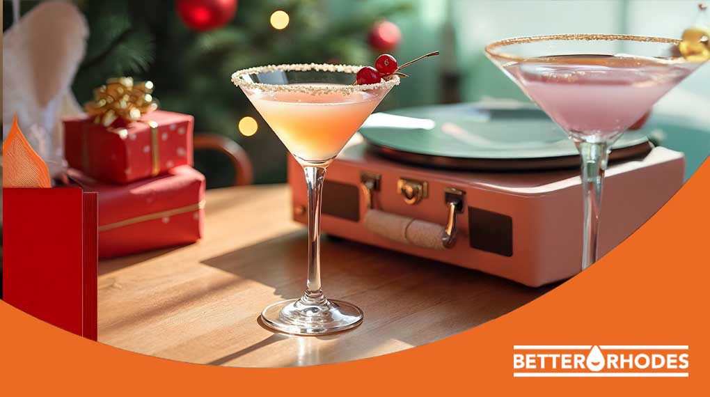 Festive non-alcoholic Christmas cocktails served in martini glasses