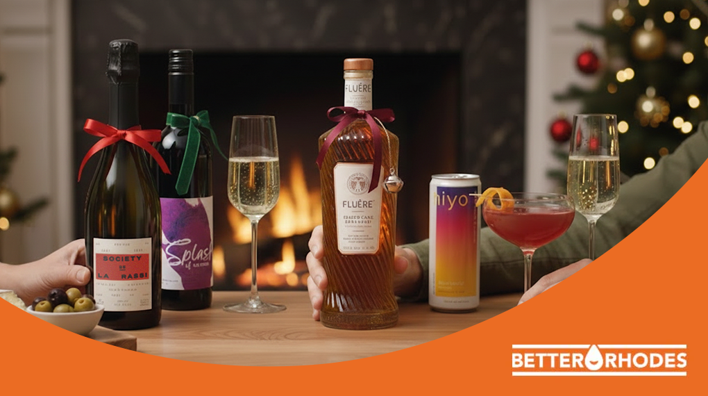 Festive non-alcoholic drinks displayed by a cozy Christmas fireplace