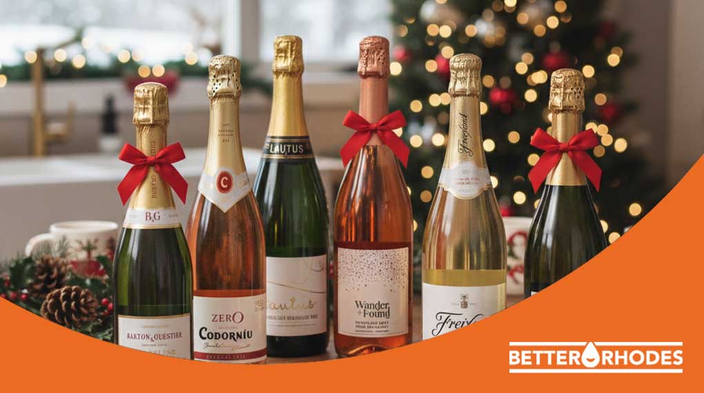 Festive non-alcoholic sparkling wines displayed for Christmas