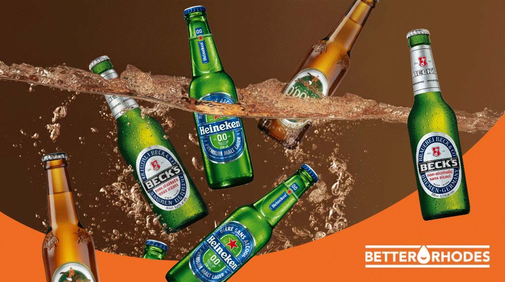 Non-alcoholic beer bottles from Beck’s, Heineken, and other brands