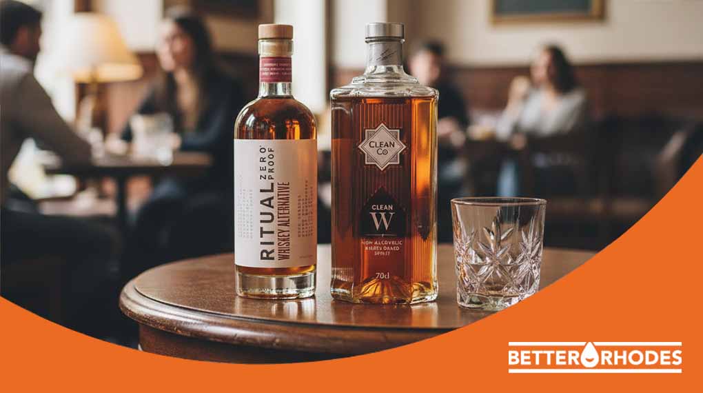 Non-alcoholic whiskey bottles from Ritual and Clean Co