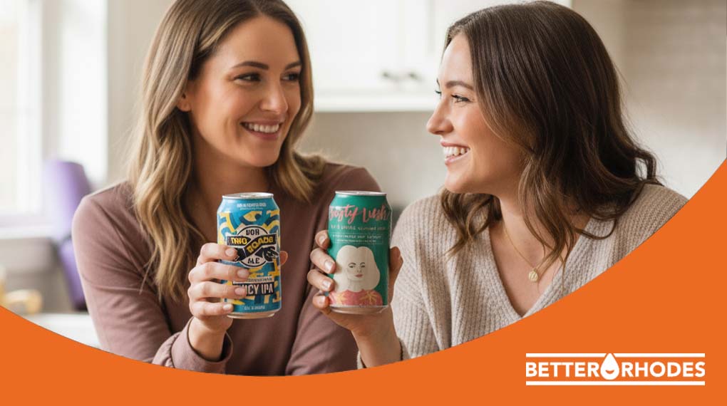 Two women enjoying sugar-free alcohol-free canned drinks together