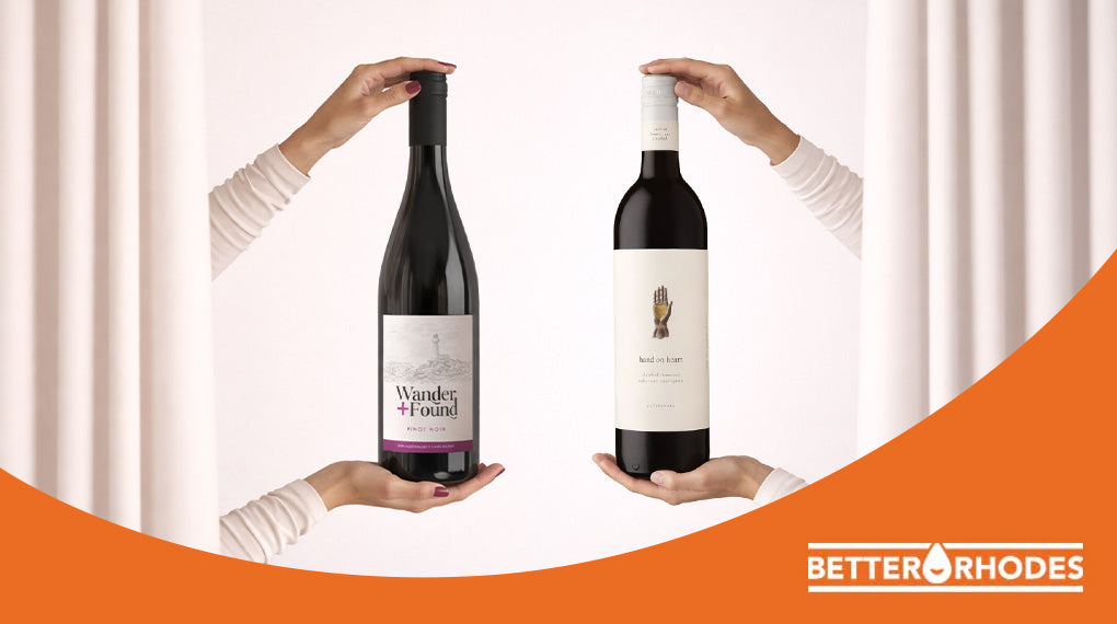 Wander + Found Pinot Noir and Hand on Heart non-alcoholic wine bottles