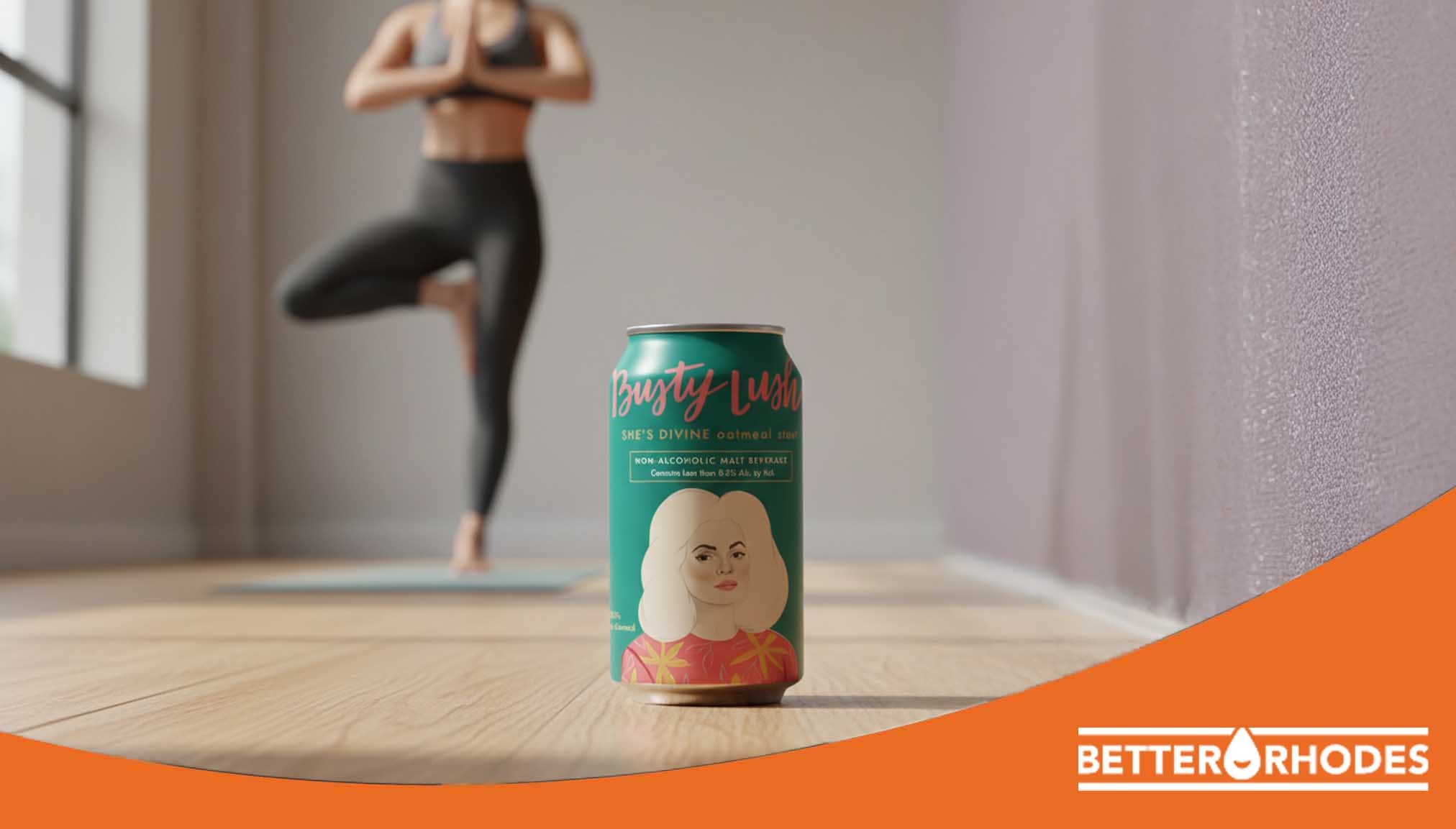 Non-alcoholic beer can after a workout in a yoga studio