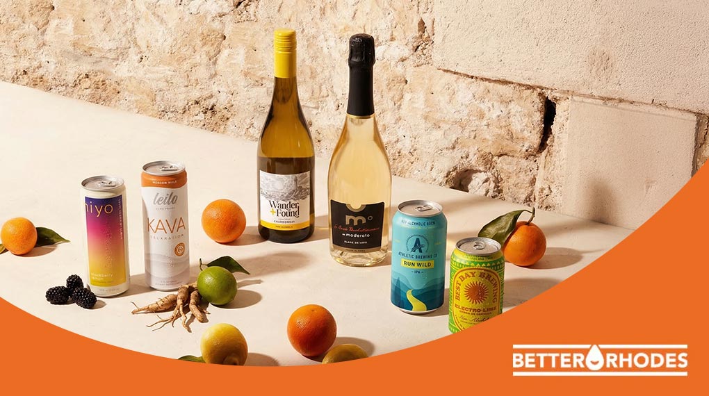 Premium non-alcoholic beverages brands from Better Rhodes including Hiyo, Leilo, Wander + Found, Moderato, and Athletic Brewing.