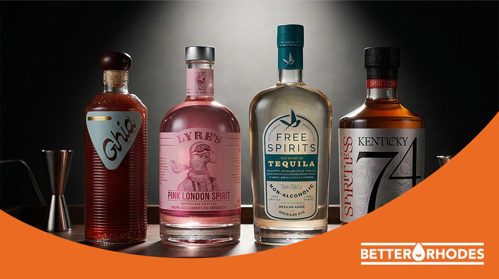 Premium non-alcoholic spirits lineup including Ghia, Lyre's, Free Spirits, and Spiritless Kentucky 74