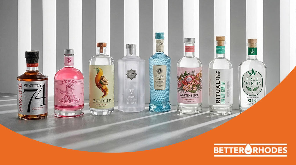 Eight premium non-alcoholic spirits bottles from top brands