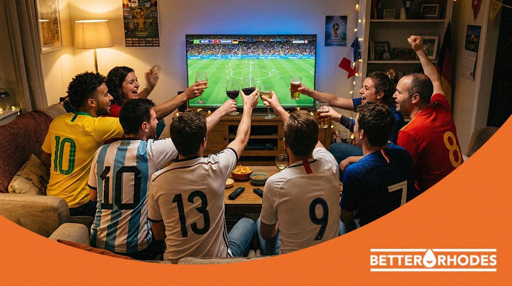 Friends in soccer jerseys toasting drinks while watching the World Cup on TV